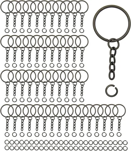 Vista 11 de 100 juegos de llaveros de 1 pulgada, llavero redondo dividido dorado con cadena y anillos de salto abiertos para hacer llaveros de bricolaje