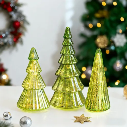 Vista 10 de Glasseam Centros de mesa de Navidad dorados para mesa: juego de 3 árboles de Navidad de vidrio de mercurio con luces, árboles de Navidad de mesa