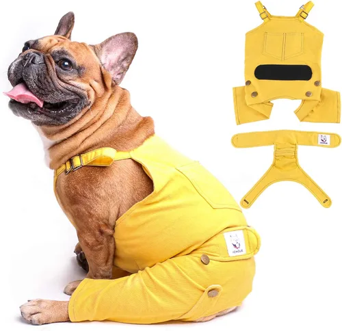 Vista 7 de iChoue Lindos pañales para perro con tirantes para bulldog francés, pug francés, bulldog inglés, hembra, en ciclo de calor, azul, pequeño con 1 pañal