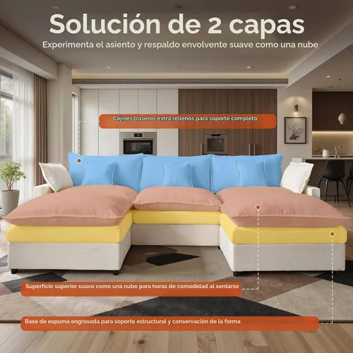 Vista 4 de 108" sofá seccional modular de gran tamaño en forma de U con el otomano Beige
