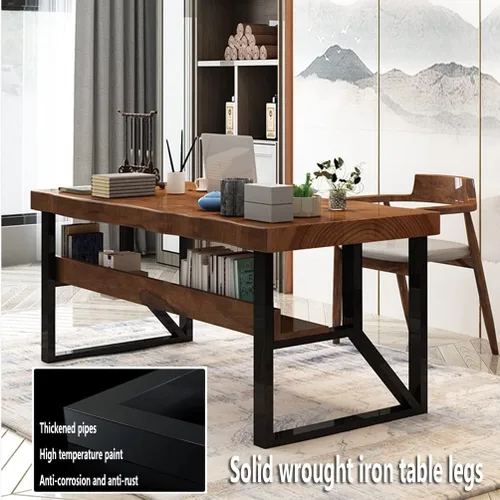 Vista 7 de Escritorio de madera maciza para computadora, escritorio de estudio resistente, estación de trabajo con patas de metal, fácil de montar