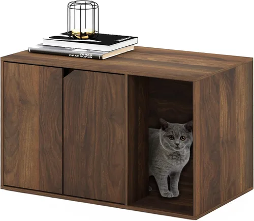 Vista 25 de Caja de arena Furinno Peli, Pequeña, Americano Entrada lateral, muebles ocultos, casa de madera para mascotas con puertas, fácil montaje