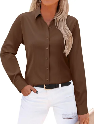 Vista 21 de Gleeivy - Camisas abotonadas para mujer, sin arrugas, de manga larga, camisas de vestir casuales con cuello V, ajustadas, de un solo