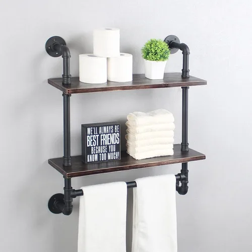 Vista 12 de MBQQ Estantes de tubería para baño en negro y blanco con toallero sobre el inodoro, estantes flotantes de 24 pulgadas de madera de pino para montaje