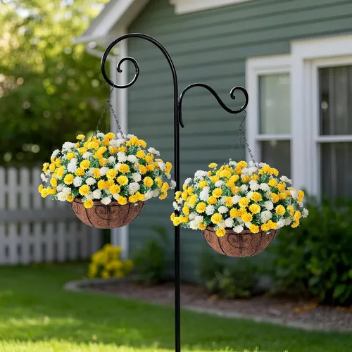 Vista 5 de Cesta de flores artificiales colgantes para decoración de primavera al aire libre, flores falsas de seda resistentes a los rayos UV, margaritas