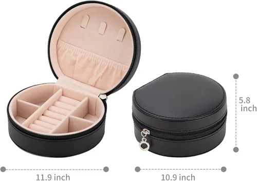 Vista 6 de Joyero redondo pequeño para mujeres y niñas, estuche de viaje de piel sintética con cremallera, mini organizador portátil de almacenamiento