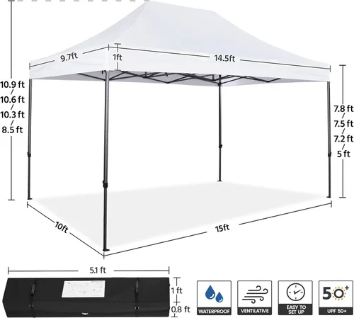 Vista 9 de Yaheetech - Tienda de campaña desplegable resistente, refugio comercial instantáneo de 10 x 15, toldo ajustable al aire libre con bolsa con ruedas