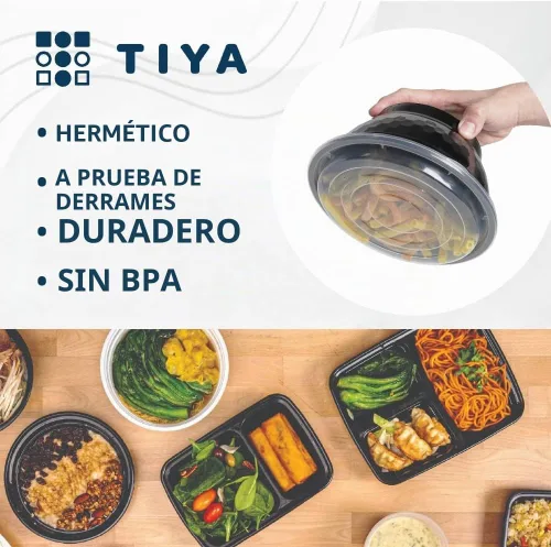 Vista 2 de TIYA Tazones para comida a granel de 36 onzas, paquete de 120 unidades con tapas, recipientes de plástico negro para llevar, reutilizables, aptos