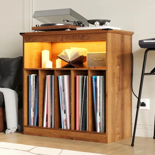 Vista 3 de MHOM Farmhouse - Soporte grande para tocadiscos con tomas de corriente y luces LED, soporte para discos de vinilo con capacidad para hasta 150