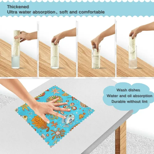Vista 4 de Retro Sea Fish Cuttlefish Blue Absorbent bar Towels Tea Towel Set Terry Dish Cloths for Kitchen Print Camping Soft Martillo para cocina 11x11in 6