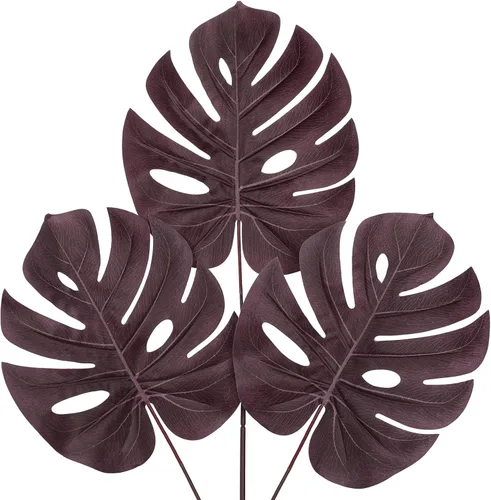 Vista 18 de DILATATA Hojas Artificiales de Monstera con Tallos de 28", Hojas Tropicales de Imitación Otoñales Falsas de Seda Naranja Monstera, Ramas de Palma