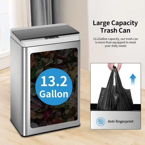 Vista 3 de Basurero automático de cocina de 13 galones con tapa, cubo de basura de acero inoxidable de 50 litros con sensor de movimiento y sin tacto, cubo