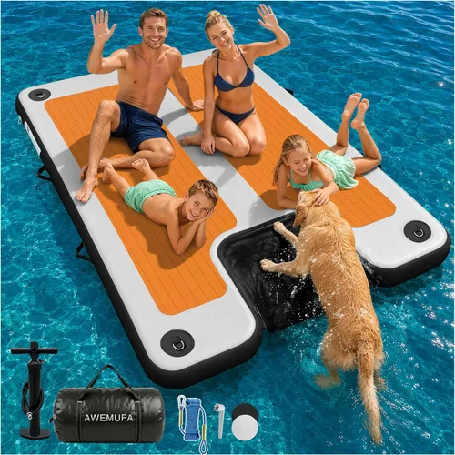 Vista 20 de AWEMUFA Muelle flotante inflable con rampa de 5 pies/6 pies/8 pies/10 pies, plataforma flotante flotante, tapete flotante de isla flotante, flotador