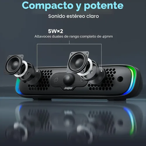 Vista 7 de SOULION R200 Altavoces Bluetooth para Computadora, Altavoces Compactos para PC, Altavoz de Escritorio USB C/USB Plug & Play con Luces LED Coloridas