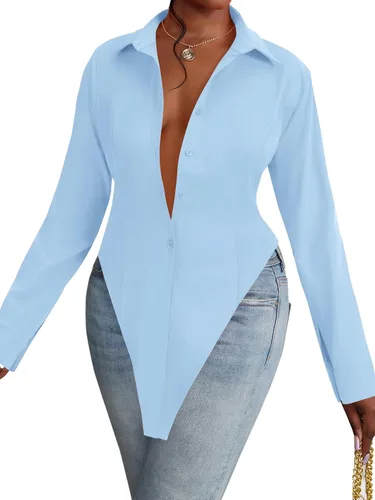 Vista 10 de OPOIPIN Blusa de manga larga con cuello en V para mujer, con botones, dobladillo con abertura