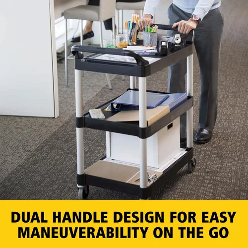 Vista 6 de Rubbermaid Commercial Products Carrito Rodante de Servicio/Utilitario/de Empuje de Servicio Pesado de 3 Estantes, Capacidad de 200 libras, Negro