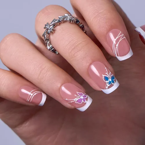 Vista 11 de CurvLife - Uñas postizas cuadradas cortas a presión, color blanco brillante Cuadrado Gradiente Blanco