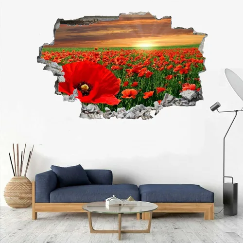 Vista 4 de Calcomanías de pared de flores rojas 3D, diseño de paisaje natural, arte aplastado, impermeable, diseño de cielo, tatuaje de pared para niños A03