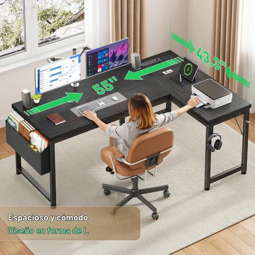 Vista 2 de DurayLoly - Escritorio para computadora en forma de L de 55 pulgadas para oficina en casa, 0.95 pulgadas de grosor, color negro