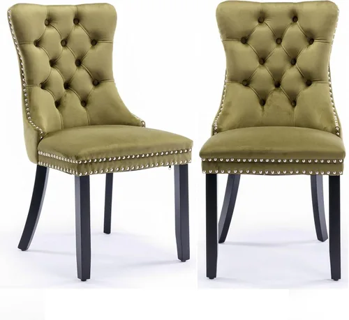 Vista 14 de Juego de 2 sillas de comedor con respaldo de ala de terciopelo copetudo, sillas laterales tapizadas, patas de madera maciza (beige)