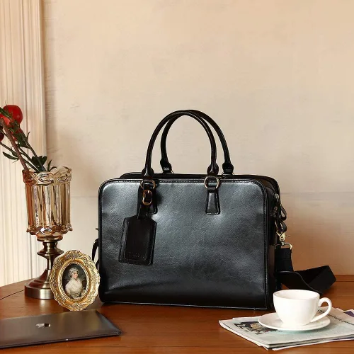 Vista 3 de Kattee Maletín de cuero genuino para mujer, bolsa de computadora portátil de gran capacidad con etiqueta de equipaje Negro