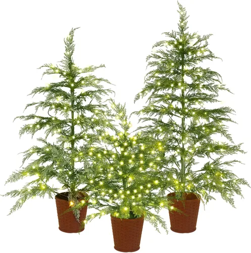Vista 7 de Cinnyvoice Set of 3 Pre-lit Potted Christmas Tree with led, 2 ft, 3ft,4 ft Árbol de ciprés artificial preiluminado con base de cesta tejida