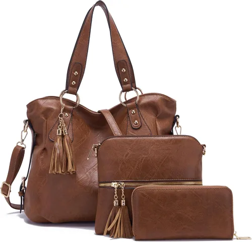Vista 9 de Qiyuer - Juego de bolsos y carteras para mujer: bolso grande tipo bandolera, bolso tipo hobo y cartera, 3 piezas A01-3pcs/Set Gris