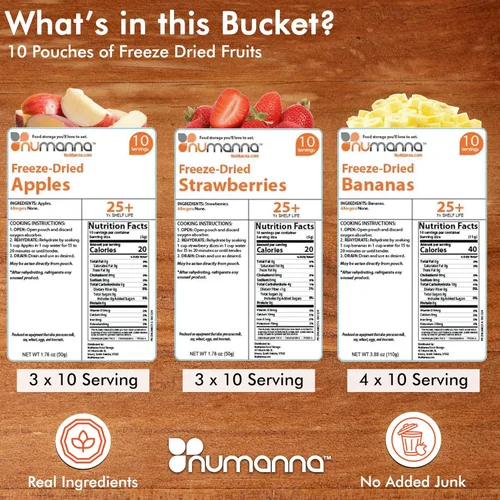 Vista 2 de Numanna Cubo de frutas liofilizadas – 100 porciones, 2 libras Manzanas, plátanos y fresas Snack saludable para uso diario, comidas de emergencia