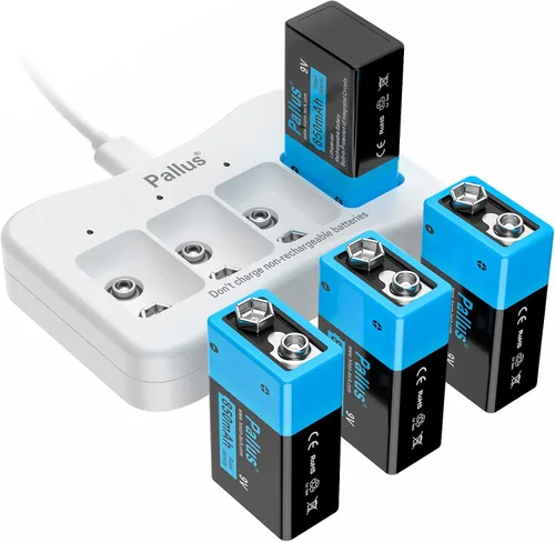 Vista 9 de Pallus Baterías recargables de 9 V con cargador, paquete de 4 baterías recargables de litio de 850 mAh de 9 voltios para alarmas de humo e
