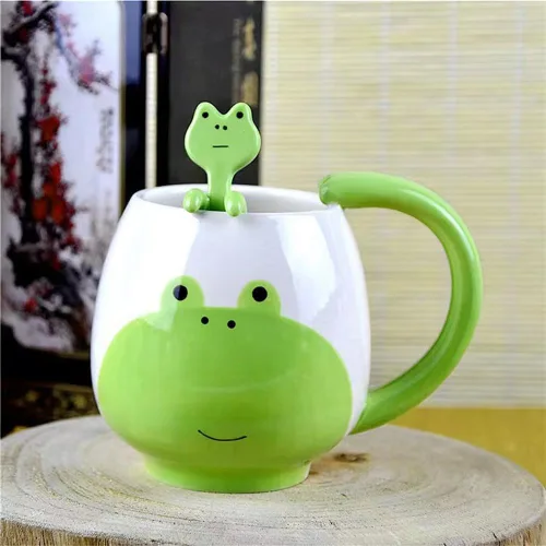 Vista 2 de Taza de café divertida de 15 onzas, taza de café de cerdo con cuchara, taza divertida de cerámica, regalo para mujeres y hombres, cumpleaños, Rana