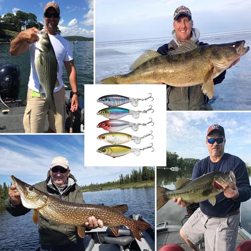 Vista 6 de Topwater - Señuelos de pesca para lubina, señuelos Whopper Popper con ojos 3D realistas y colas giratorias para agua dulce y salada, juego de 5