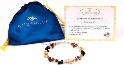 Vista 2 de AMBERAGE Pulsera de ámbar báltico natural para mujeresadolescentes, hecha a mano con cuentas de ámbar báltico pulidocertificado (Multi), Cuentas