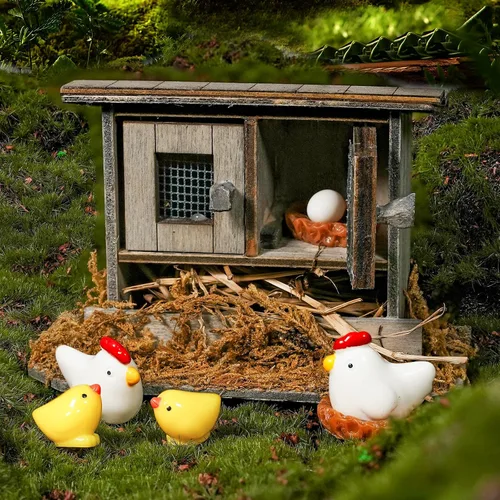 Vista 5 de Hiawbon Mini gallinero de madera retro en miniatura para pollo, gallinero, pollo, huevo, adorno de nido de pollo, micro paisaje, decoración