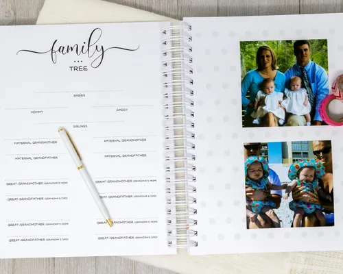 Vista 17 de Personalized Twin Baby Memory Book - Hardcover First Year Album Customized with Babies’ Names - Prompted Baby Journal (Blue Mountains)