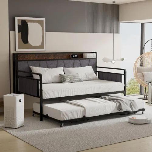 Vista 8 de Sofá cama individual con nido, moderno sofá cama individual, marco de cama de metal resistente con cabecera tapizada para sala de estar, dormitorio