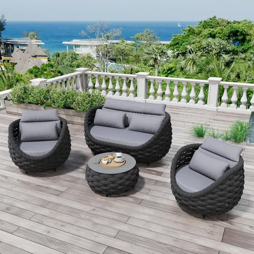 Vista 45 de Juego de muebles de patio de aluminio de 3 piezas: cuerda tejida a mano para conversación al aire libre, juego de 2 cojines modernos montados, juego