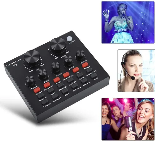 Vista 5 de V8 - Tarjeta de sonido en vivo, mezclador de audio USB Tarjeta de sonido externa para micrófono, tarjeta de sonido KTV en vivo, tarjeta de sonido