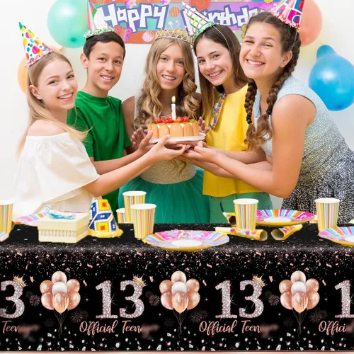 Vista 4 de GREHUMOR 3 manteles de fiesta de cumpleaños número 13 para niñas, color oro rosa, suministros de fiesta de cumpleaños de 13 años, cubierta de mesa