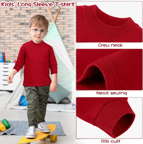 Vista 5 de Cooraby Paquete de 4 camisas térmicas de manga larga para niños pequeños, de algodón, con bolsillo, cuello redondo