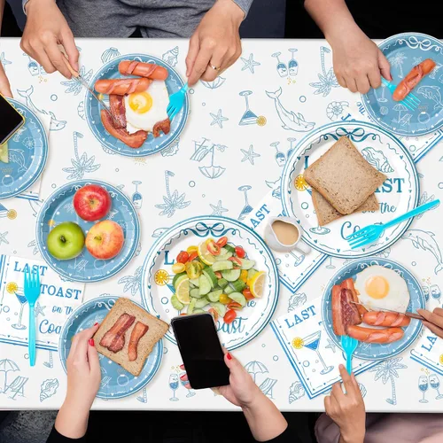 Vista 6 de K1tpde Mantel de plástico desechable para despedida de soltera de 3 piezas con temática costera, diseño de copa de vino azul, diseño de estrella