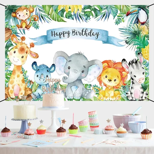 Vista 7 de Renaiss Cartel de feliz cumpleaños de 6 x 3.6 pies, decoración de fiesta infantil de animales salvajes de safari, selva tropical, decoración