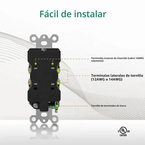Vista 3 de Toma eléctrica dúplex 15A 125V TR, 2 polos 3 cables, listado UL, 10 Negro