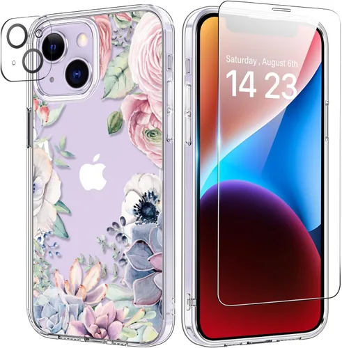 Vista 34 de bicol Funda para iPhone 14 Plus con Protector de Pantalla y Lente de Cámara - Diseños Florales de Moda para Mujeres y Niñas - Funda Transparente