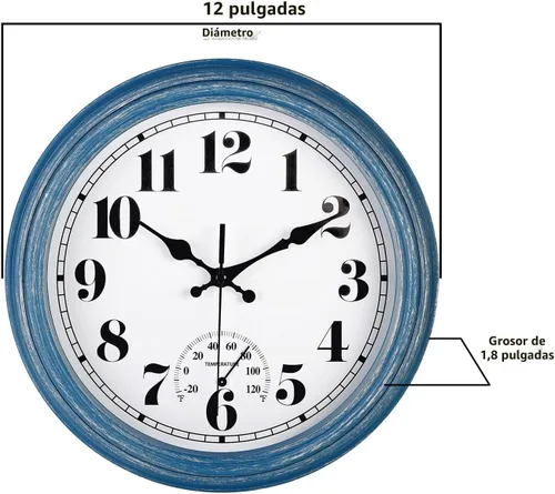 Vista 7 de JENLYSTIME Reloj de pared retro impermeable de 12 pulgadas para interior/exterior con termómetro, silencioso, redondo, de cuarzo, funciona con 40