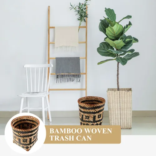 Vista 6 de Ipetboom Cesta de basura tejida de bambú: cesta de basura decorativa de granja, cubo de basura redondo de ratán, cesta de lavandería de mimbre