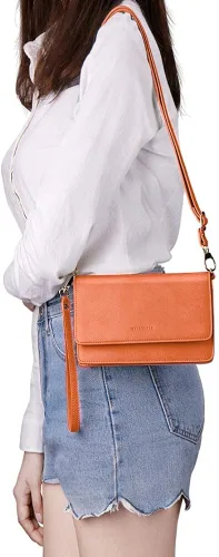 Vista 7 de nuoku Bolso bandolera pequeño para mujer, con ranuras para tarjetas RFID, 2 correas (máximo 6.5 pulgadas)
