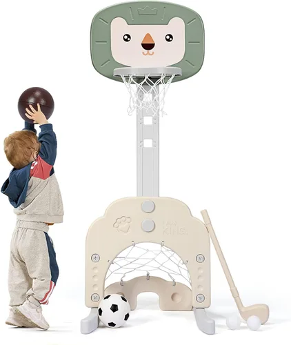 Vista 11 de AKUSTIK 3 in 1 Toddlers Basketball Hoop Stand, Adjustable Height Sports Center with Basketball Soccer Golf Game Set, Portable Indoor Outdoor