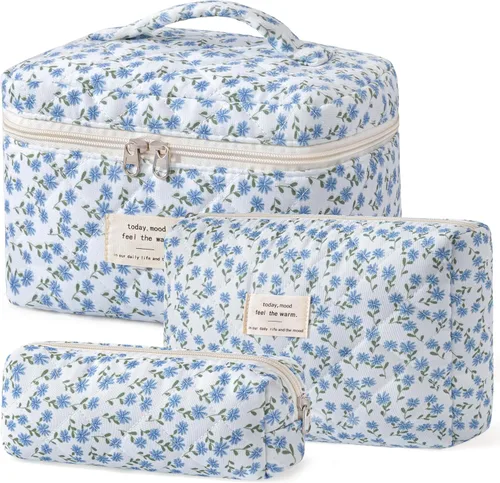Vista 42 de HBselect Bolsa de Maquillaje Acolchada, 3 Piezas de Gran Bolsa de Maquillaje de Viaje de Algodón, Linda Bolsa de Maquillaje Floral Coquette, Bolsa