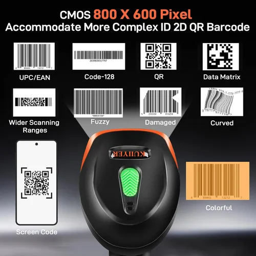 Vista 4 de KUIIYER Escáner de Código de Barras Bluetooth, Escáneres de Códigos de Barras Inalámbricos 2D QR 1D de Mano, Lector de Código de Barras con CMOS