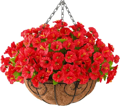 Vista 10 de Homsunny Plantas artificiales colgantes con cesta para exteriores, petunias falsas, de seda, para exteriores, porche, patio, balcón, jardín